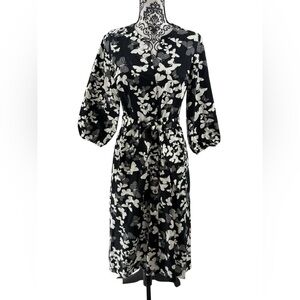 Talbots 100% Cotton Black White Butterfly Print Tie-Waist Shirt Dress NWT